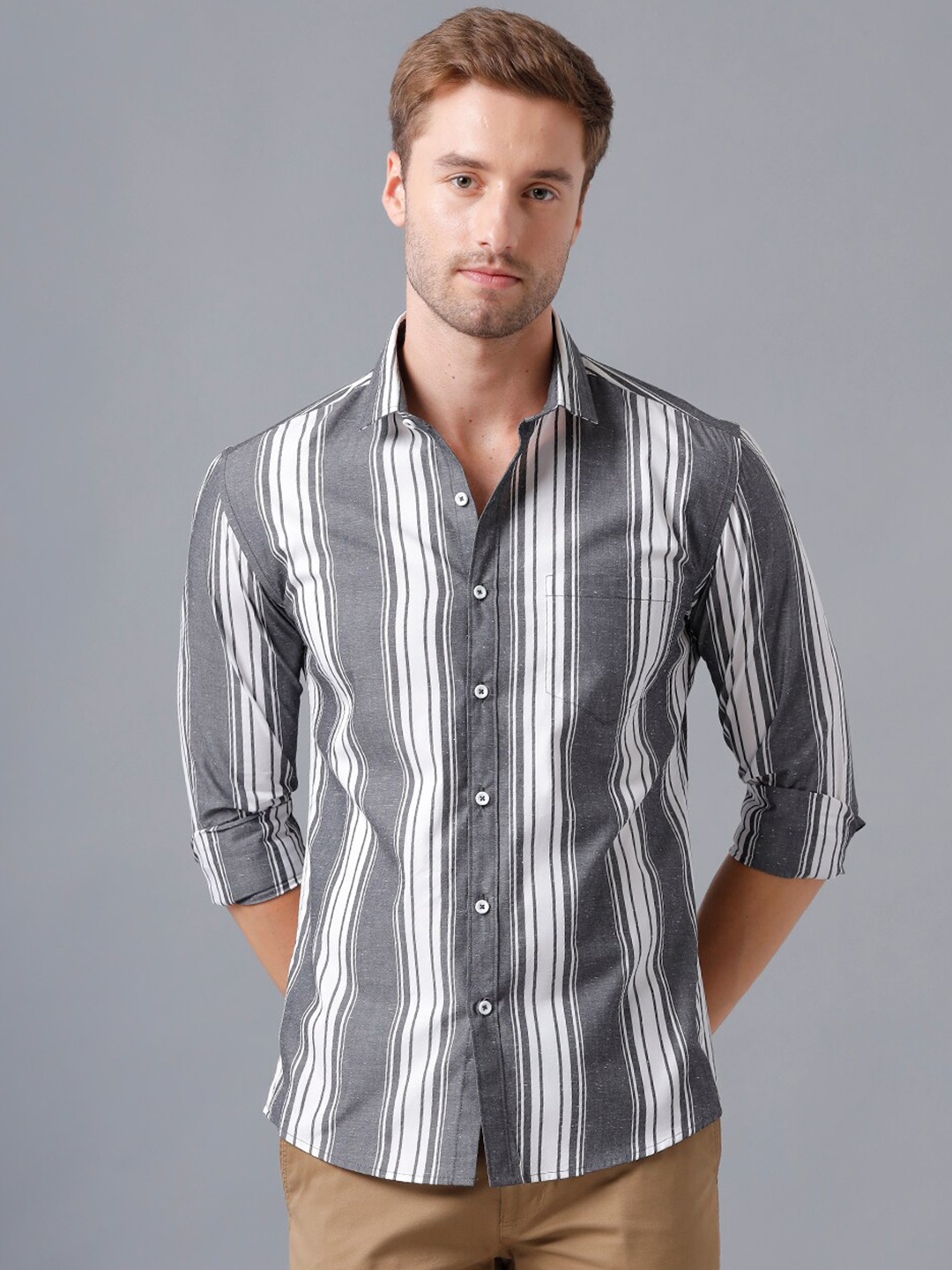 

YOVISH Men Smart Slim Fit Vertical Striped Semiformal Cotton Shirt, Grey