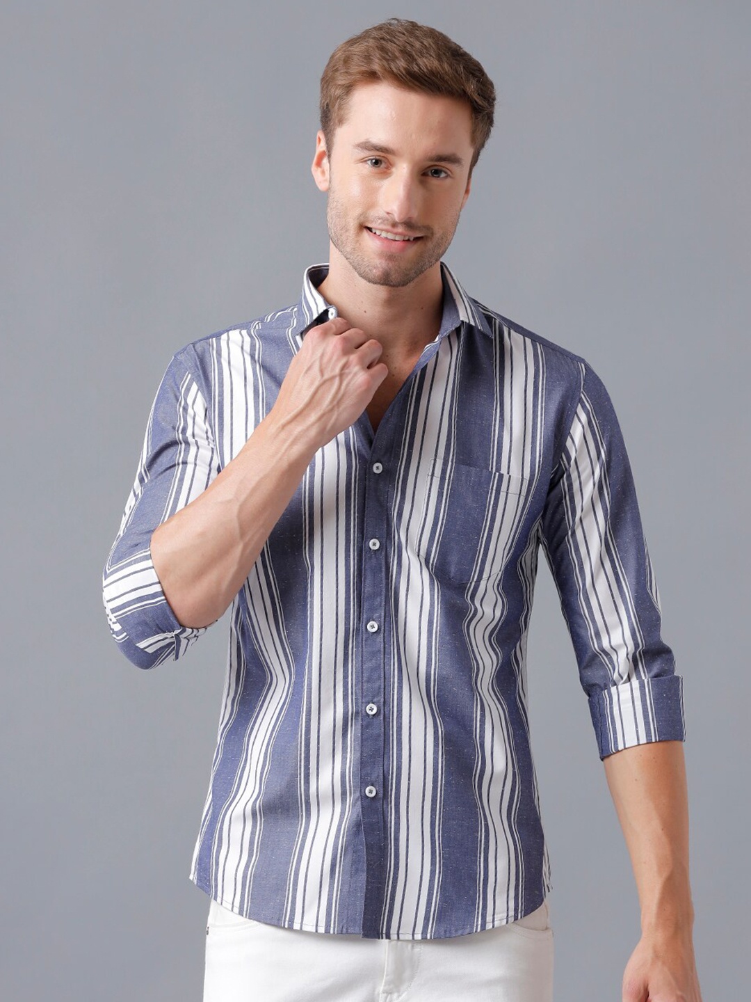 

YOVISH Men Smart Slim Fit Vertical Striped Casual Cotton Shirt, Blue