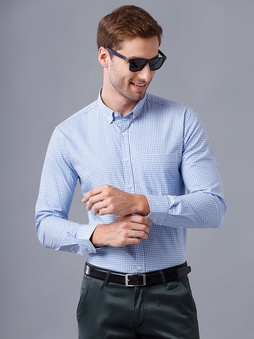 

YOVISH Men Smart Slim Fit Micro Checked Formal Cotton Shirt, Blue