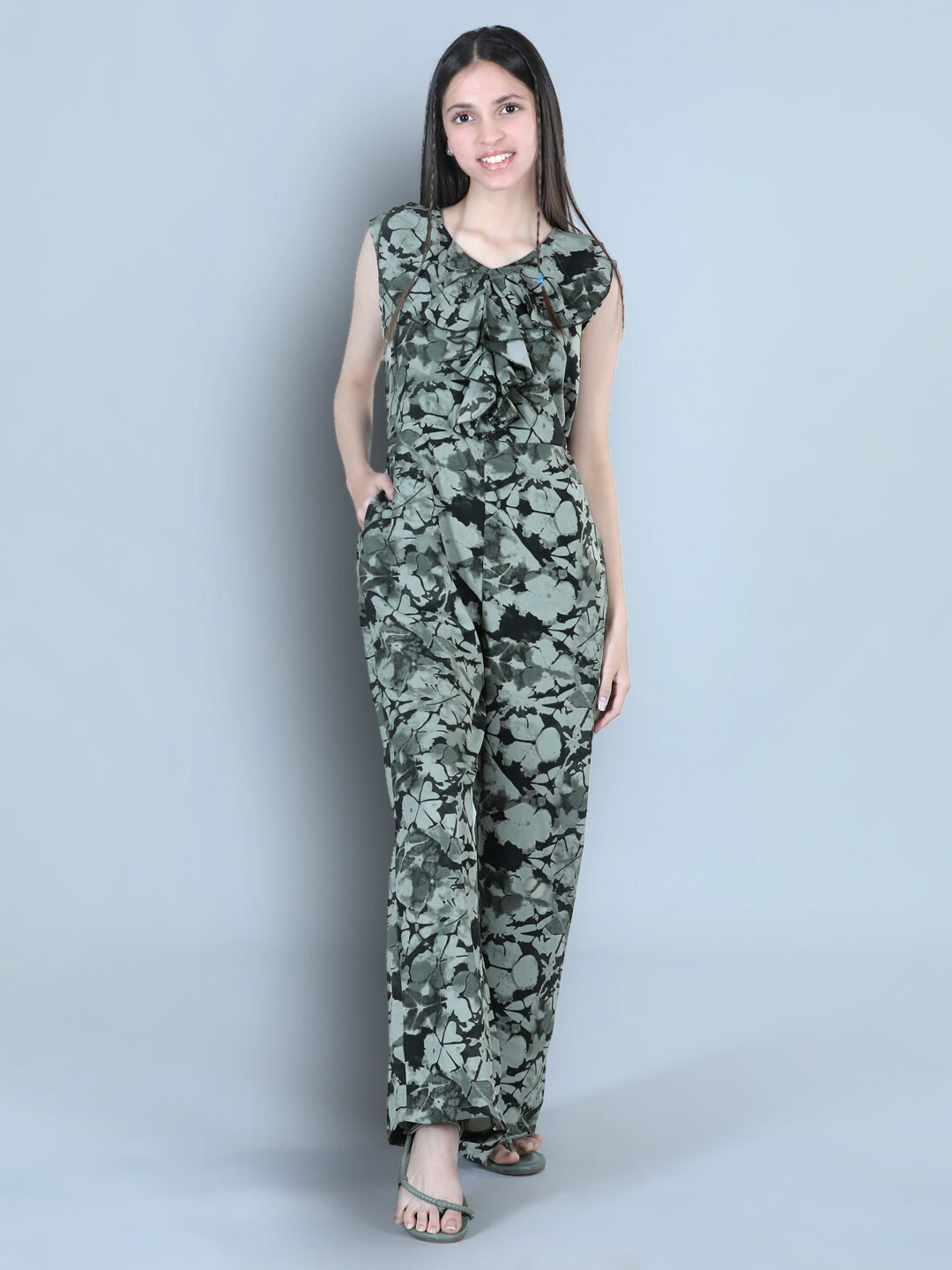 

Cutiekins Girls Tie & Dye Printed Basic Jumpsuit with Ruffles, Green