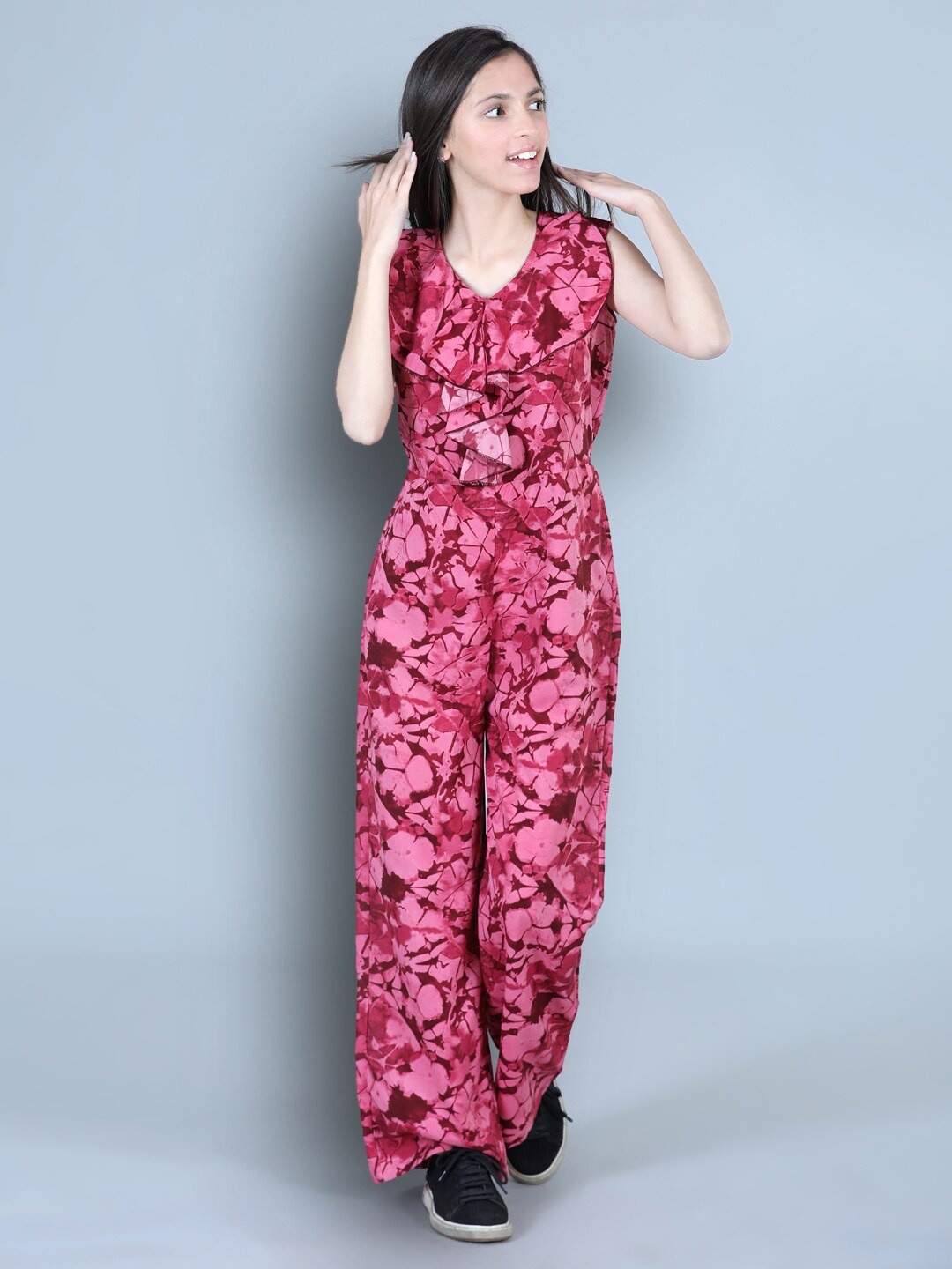 

Cutiekins Girls Tie & Dye Printed Basic Jumpsuit with Ruffles, Maroon