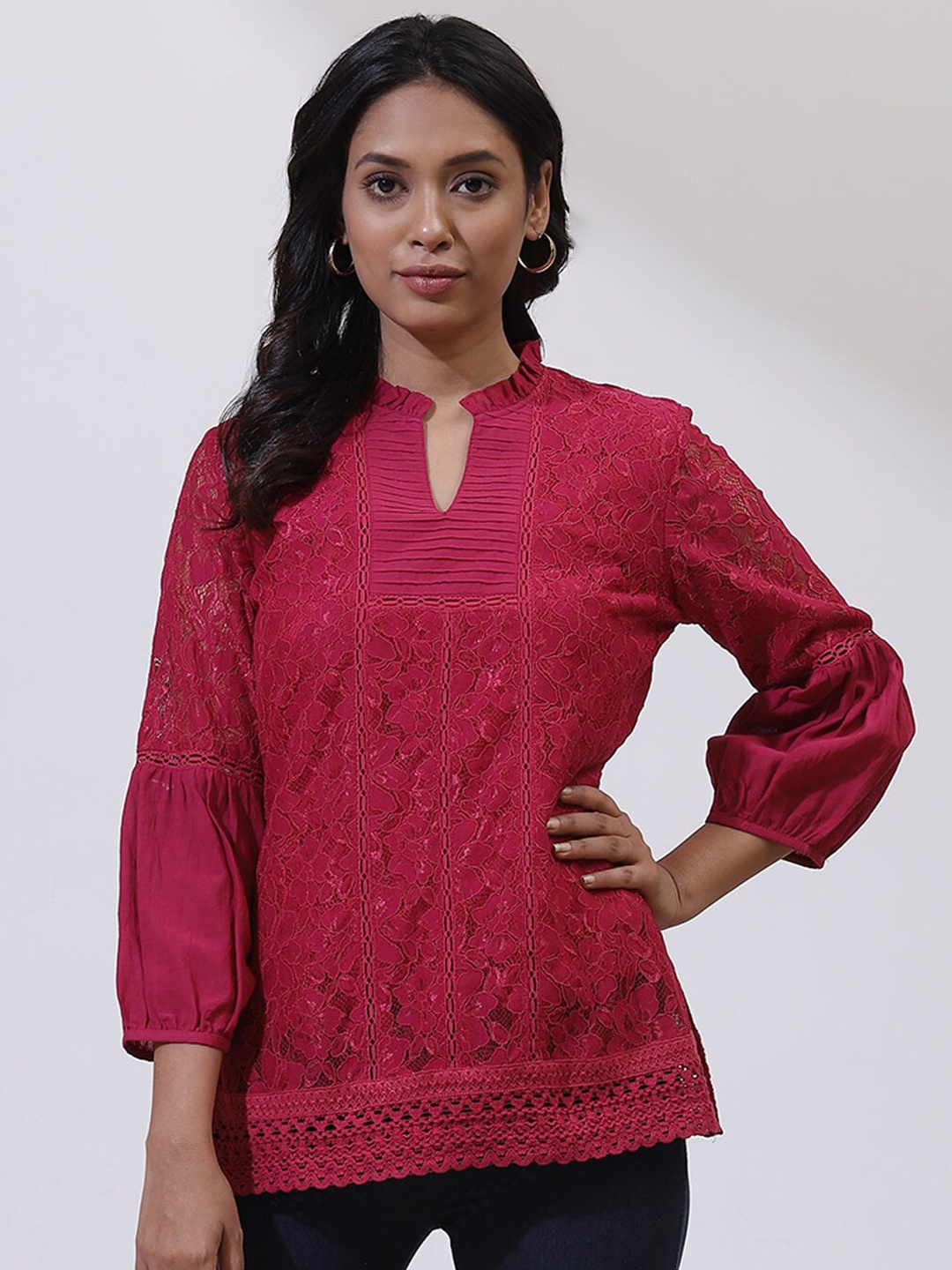 

Lakshita Pink Keyhole Neck Lace Top