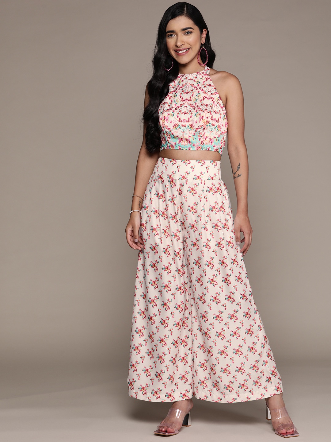 

aarke Ritu Kumar Women Printed Halter Neck Top With Palazzos, Off white