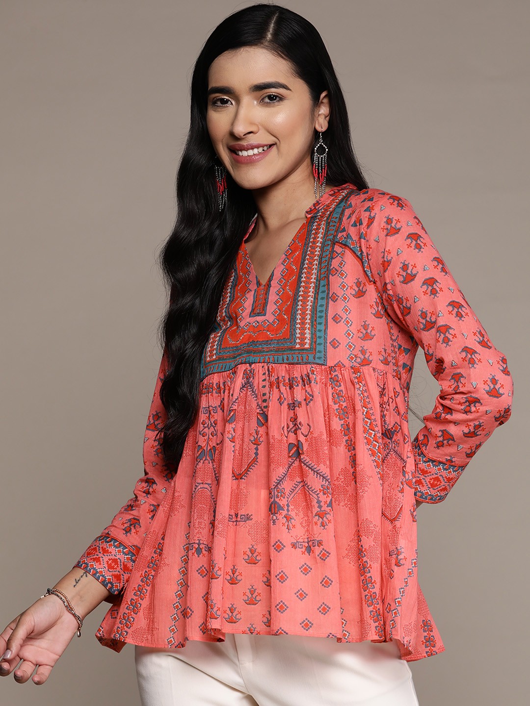 

aarke Ritu Kumar Ethnic Motifs Printed V-Neck Top, Peach