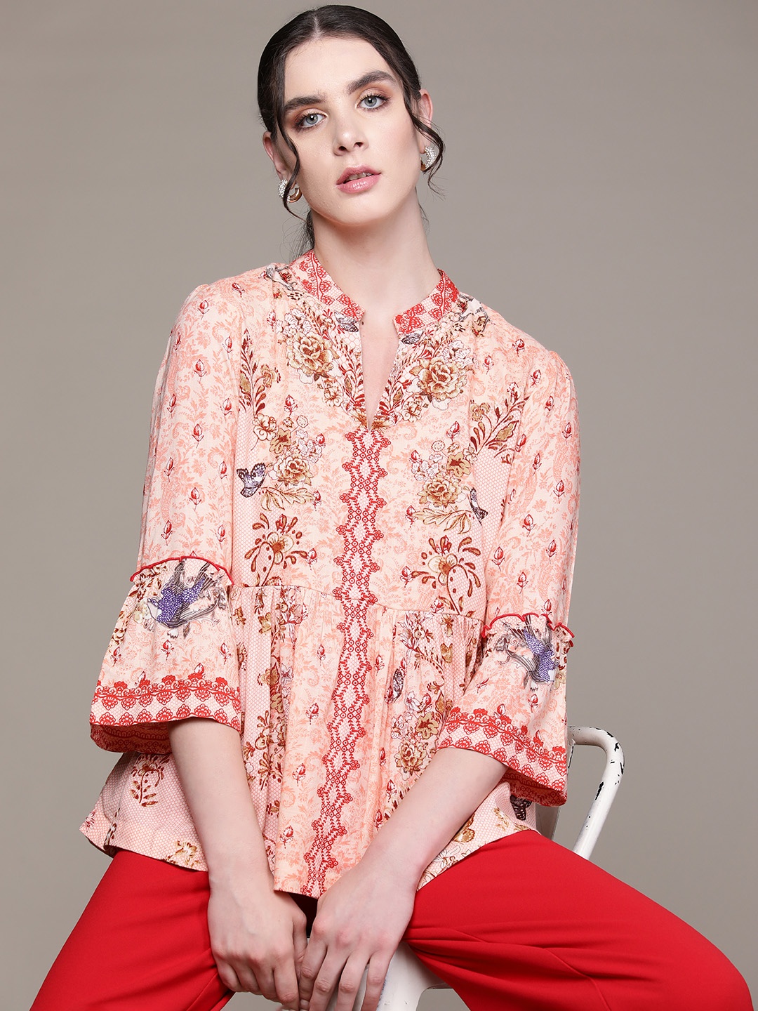 

aarke Ritu Kumar Floral Print Bell Sleeve Longline Top, Peach