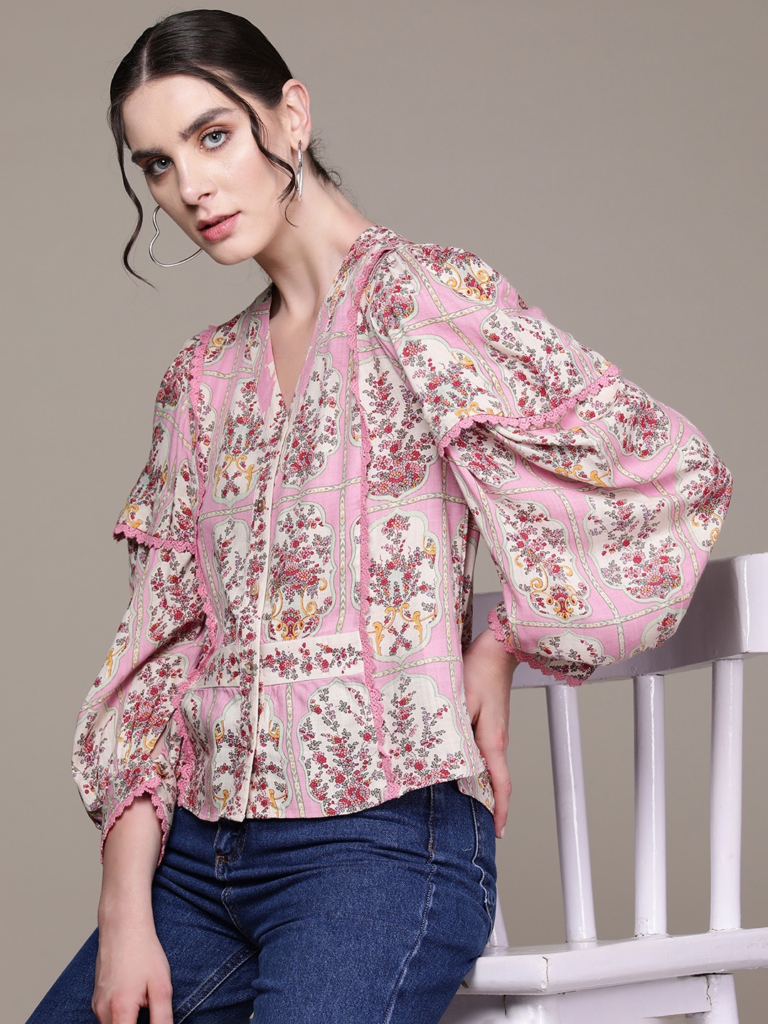 

aarke Ritu Kumar Floral Print Bishop Sleeves Top, Pink