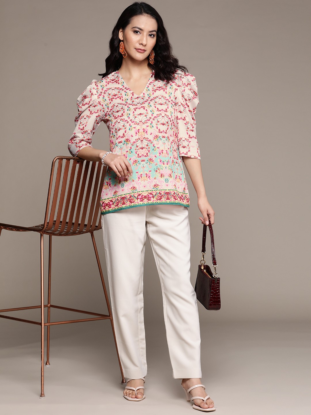 

aarke Ritu Kumar Floral Printed Puff Sleeves Top, Off white