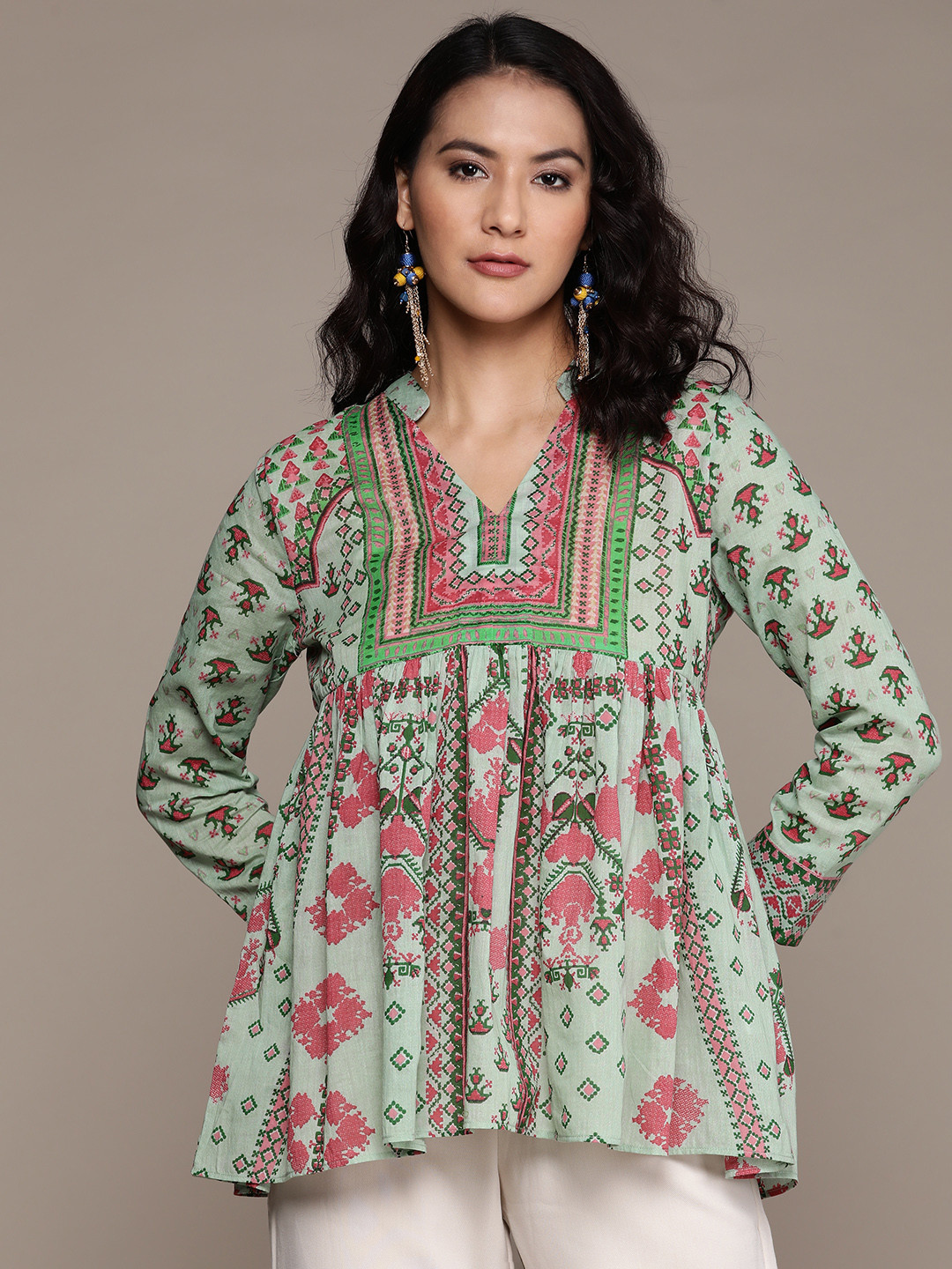 

aarke Ritu Kumar Ethnic Motifs Printed V-Neck Top, Teal