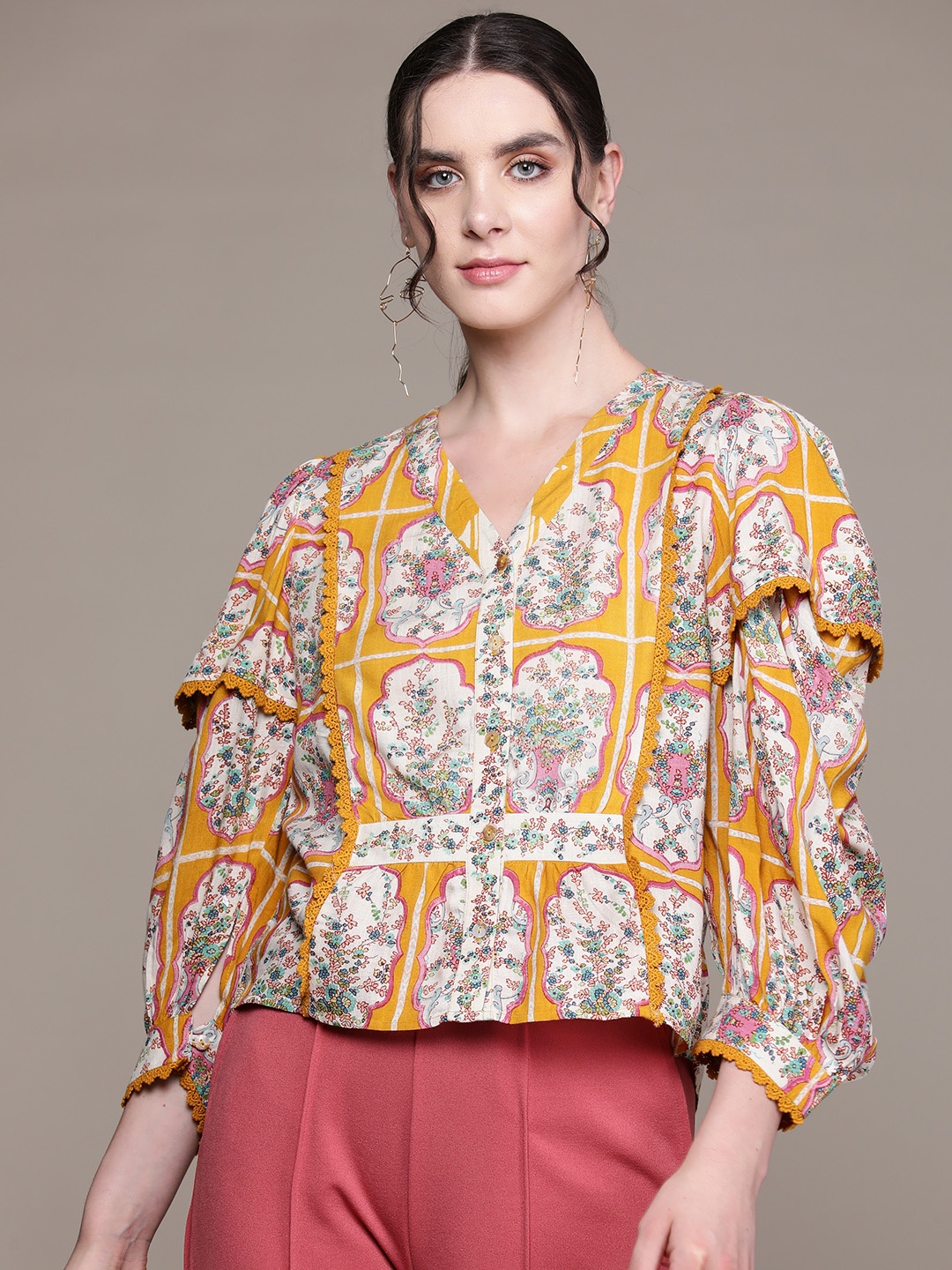 

aarke Ritu Kumar Floral Print Bishop Sleeves Top, Mustard