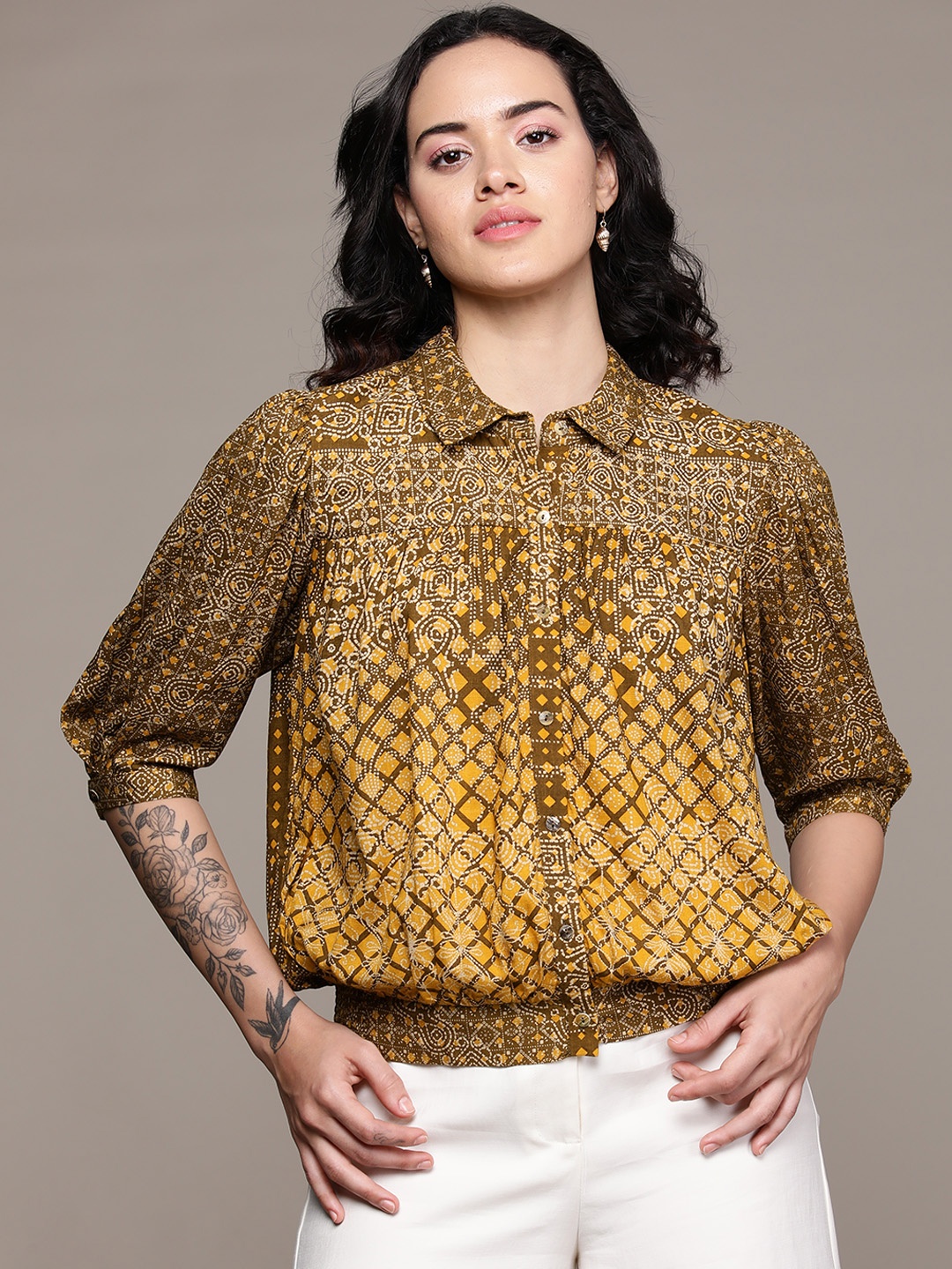 

aarke Ritu Kumar Relaxed Puff Sleeves Opaque Printed Casual Shirt, Olive