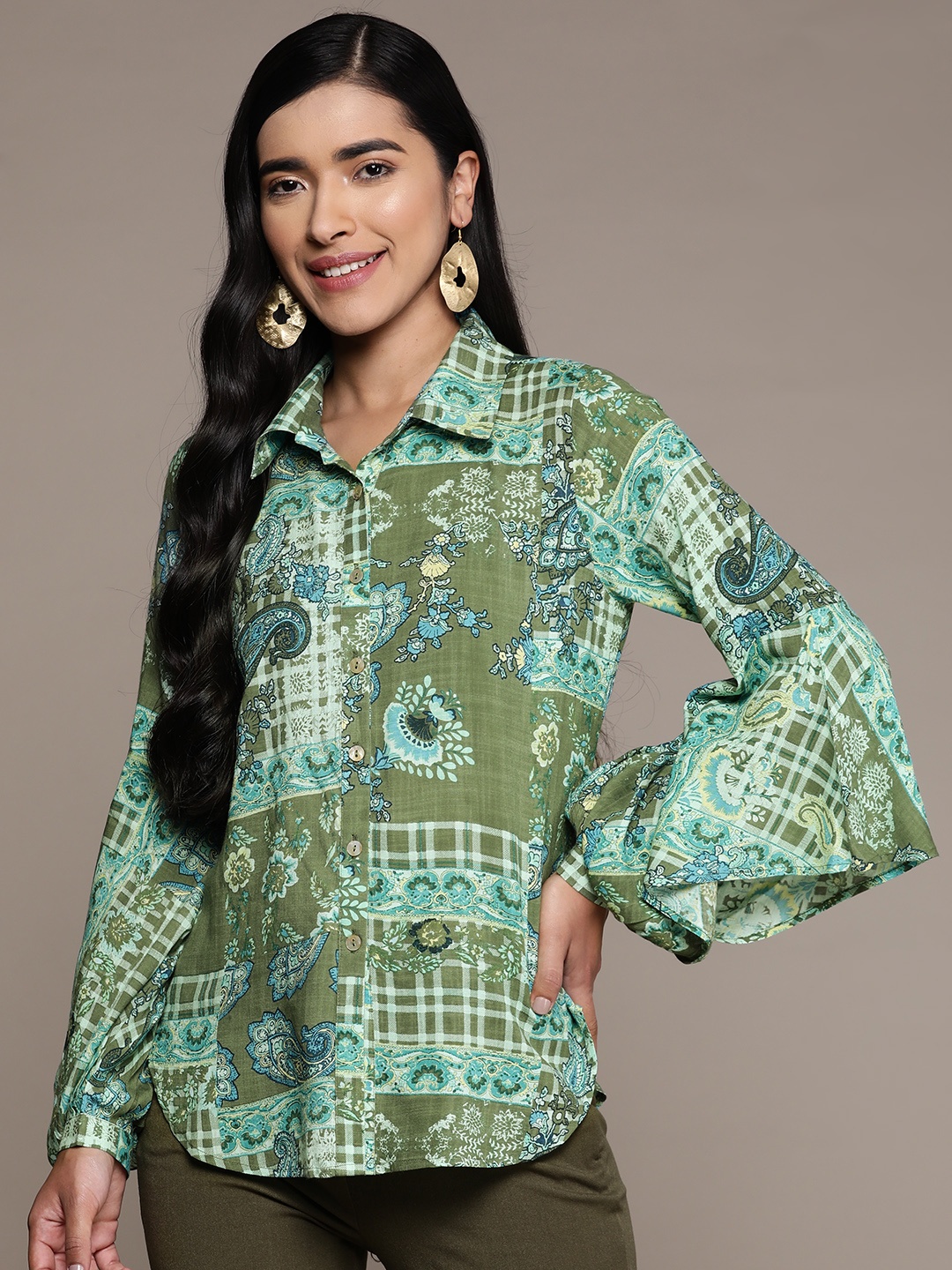 

aarke Ritu Kumar Women Relaxed Printed Casual Shirt, Green