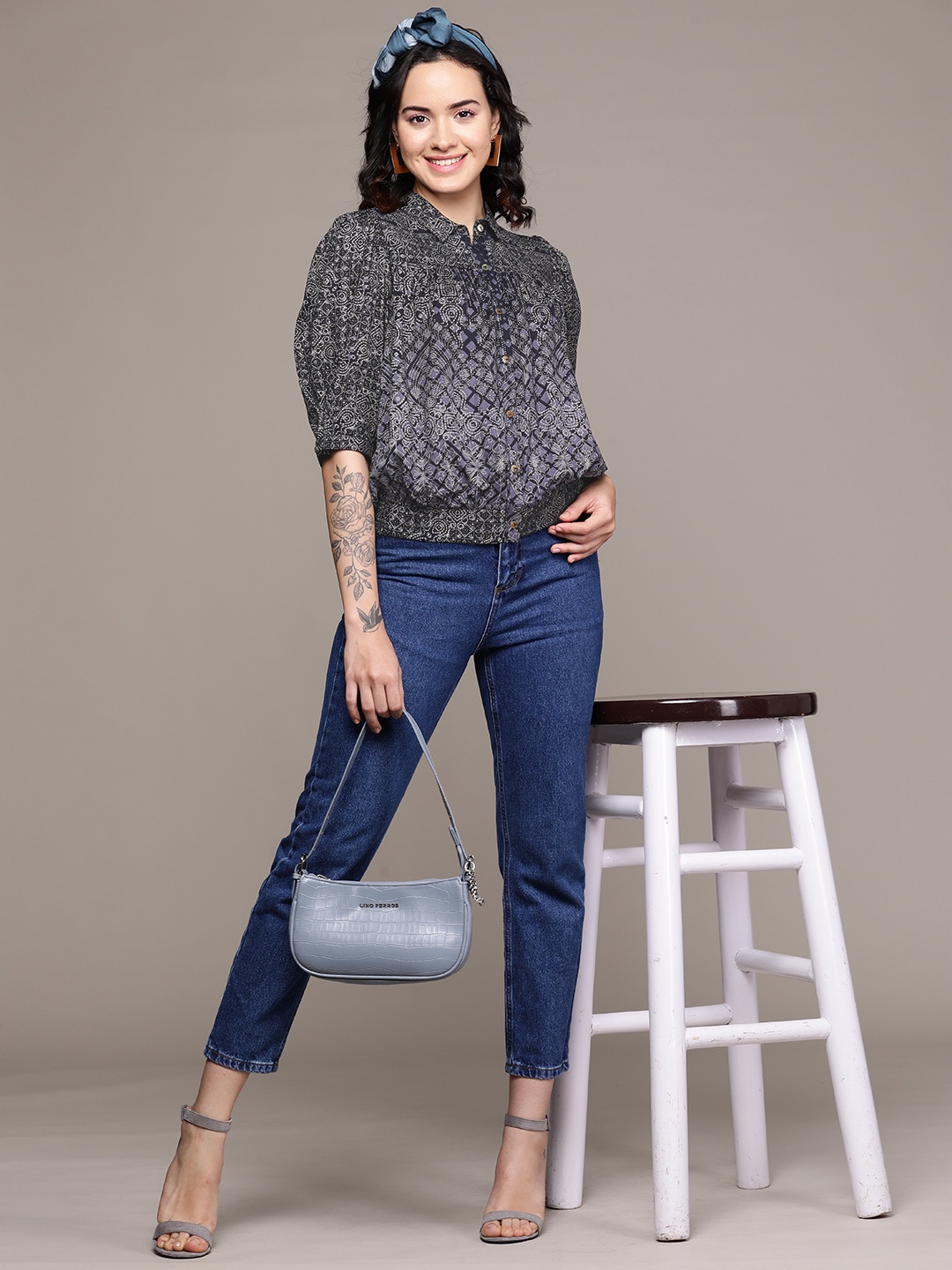 

aarke Ritu Kumar Relaxed Puff Sleeves Opaque Printed Casual Shirt, Navy blue