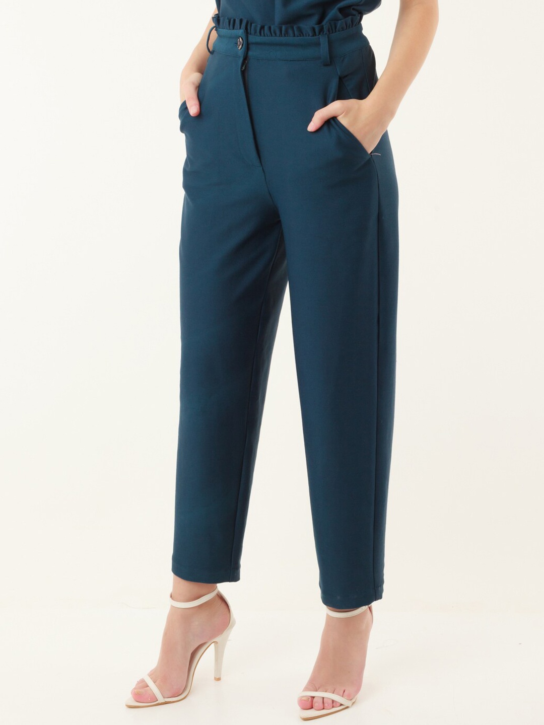 

Zink London Women Cotton Slim Fit High-Rise Trousers, Green