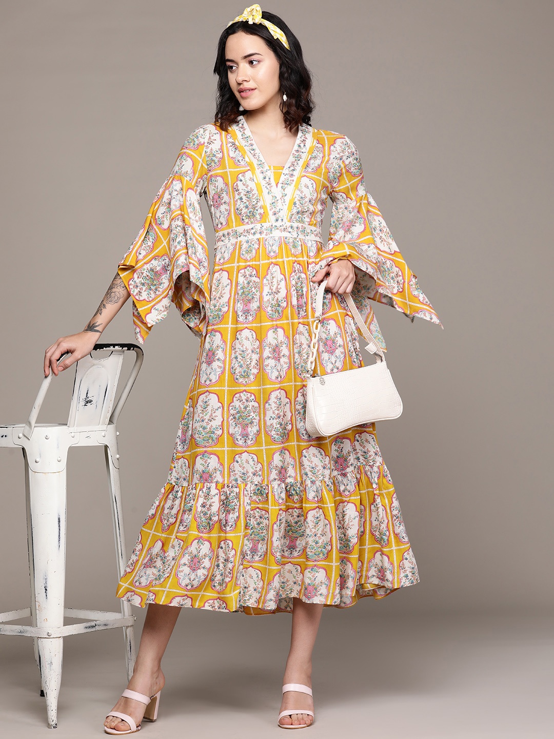 

aarke Ritu Kumar Floral Print Bell Sleeve A-Line Midi Dress, Mustard