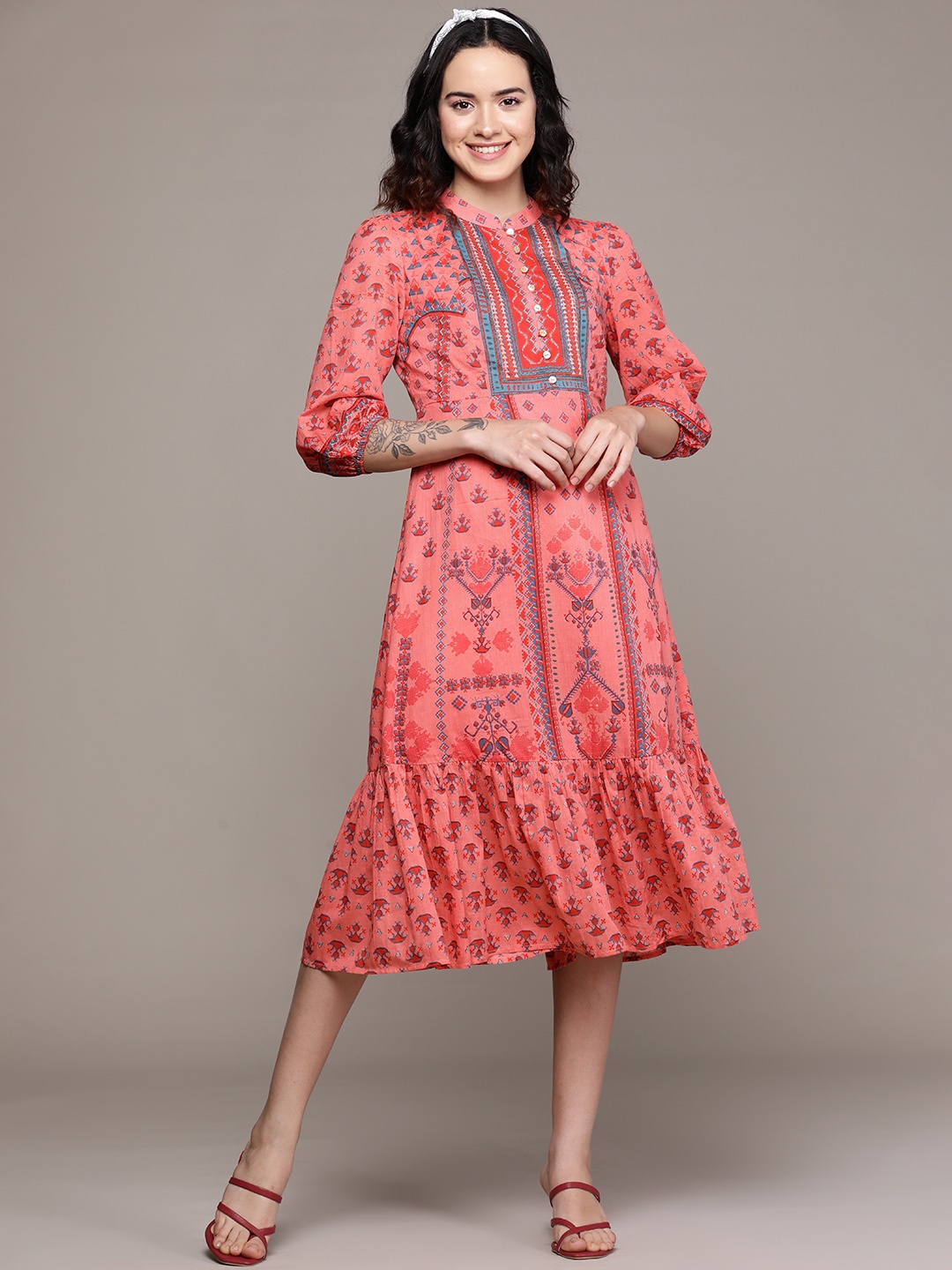 

aarke Ritu Kumar Ethnic Motifs Print Puff Sleeve A-Line Midi Dress, Peach