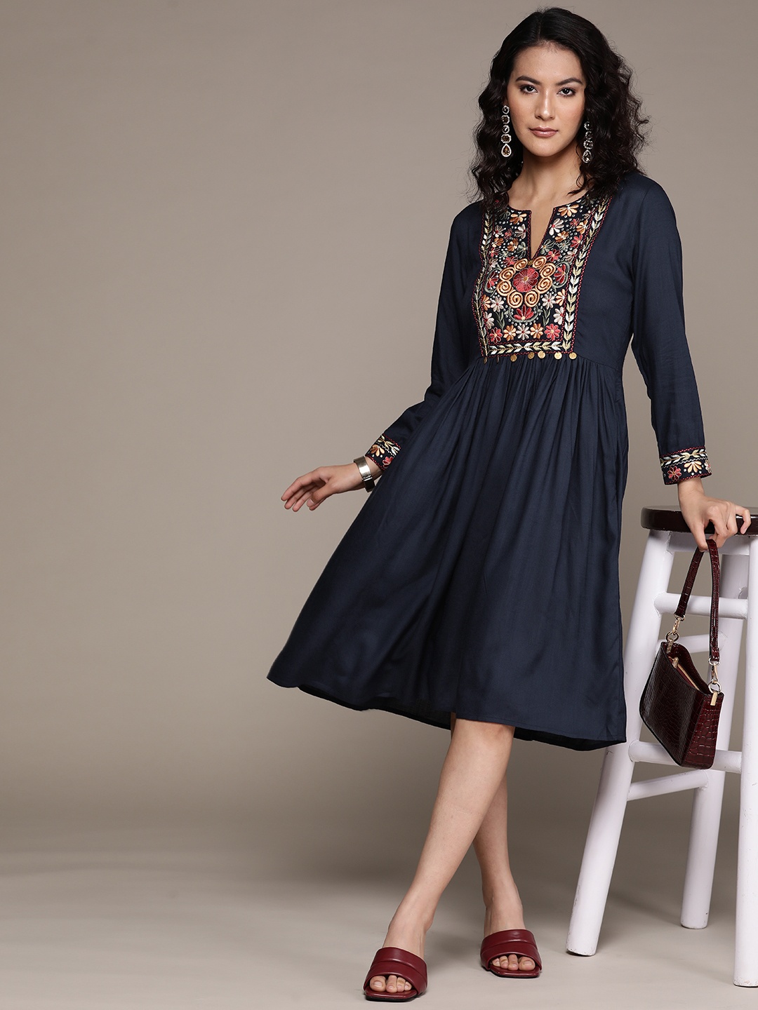 

aarke Ritu Kumar Floral Embroidered A-Line Dress, Navy blue
