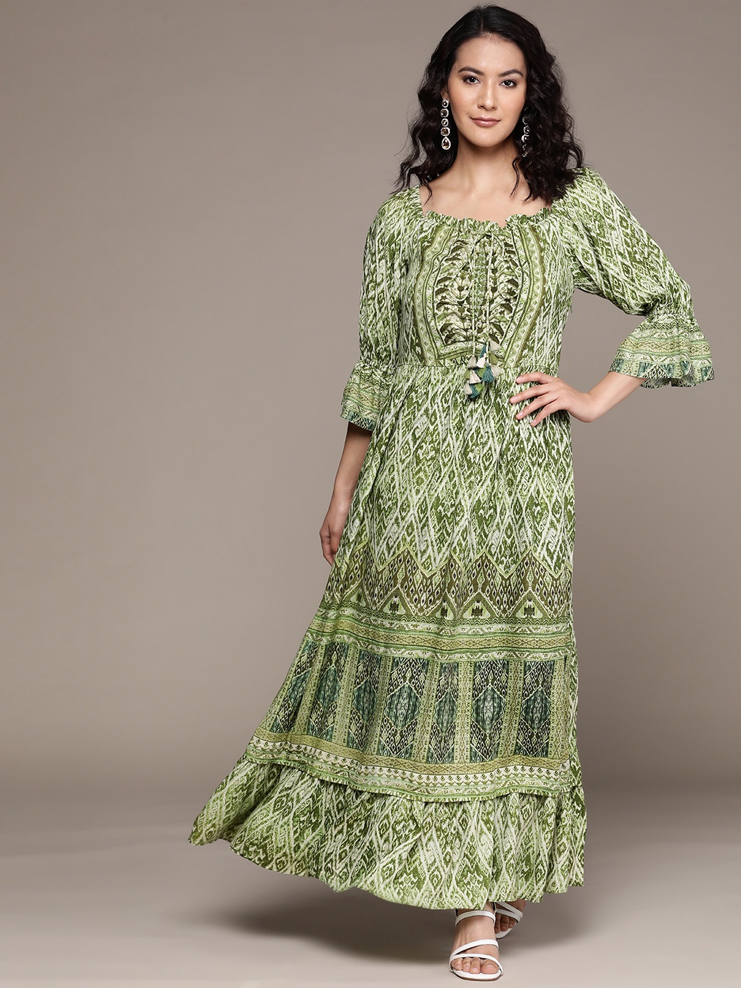 

aarke Ritu Kumar Tie-Up Neck Bell Sleeves A-Line Maxi Dress, Green