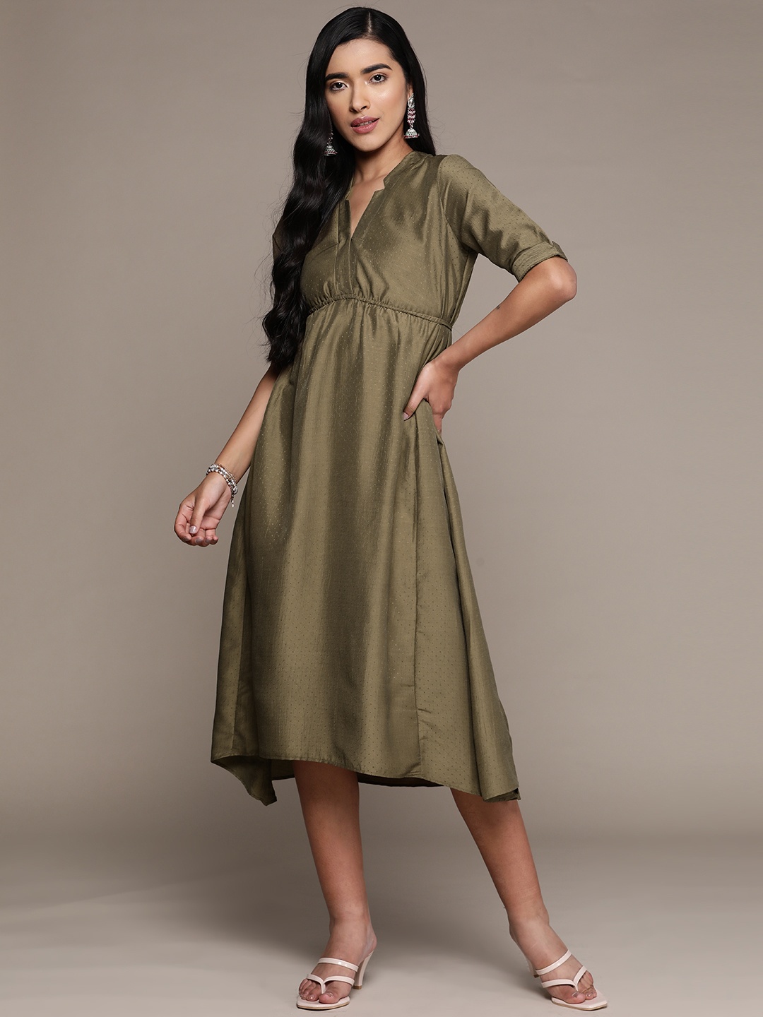 

aarke Ritu Kumar Chiffon A-Line Midi Ethnic Dress, Olive