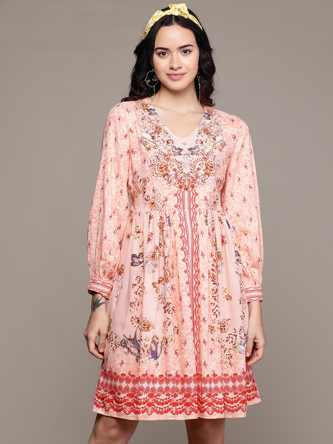 

aarke Ritu Kumar Floral Print Puff Sleeve A-Line Dress, Peach