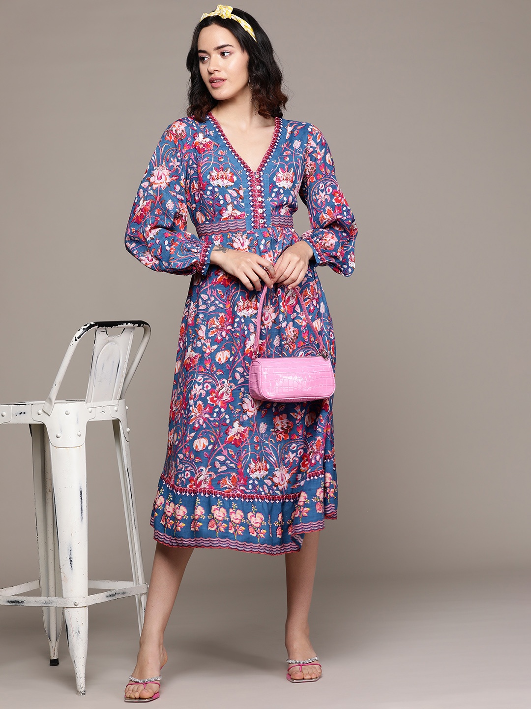 

aarke Ritu Kumar Floral Print Puff Sleeve A-Line Midi Dress, Navy blue