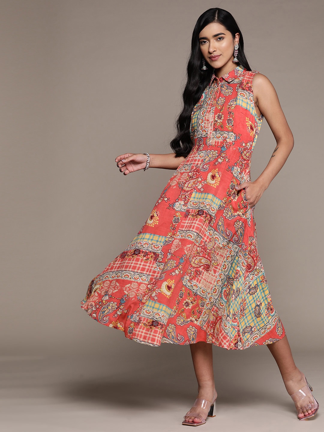 

aarke Ritu Kumar Floral A-Line Midi Dress, Coral