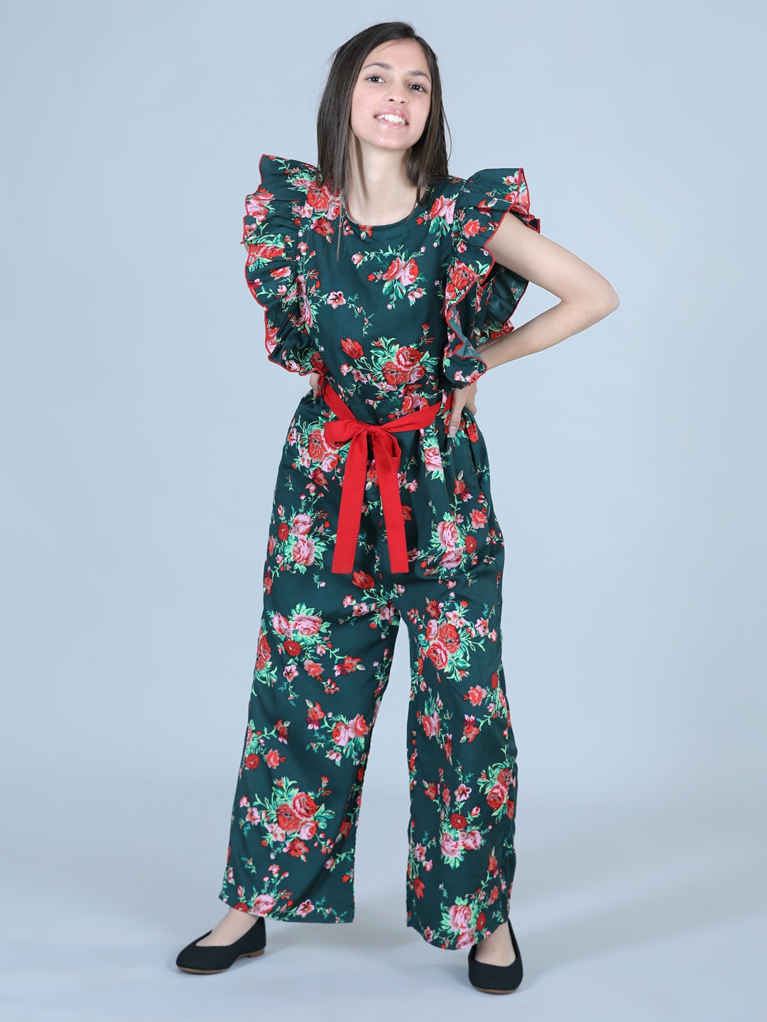 

Cutiekins Girls Floral Printed Basic Jumpsuit with Ruffles, Green