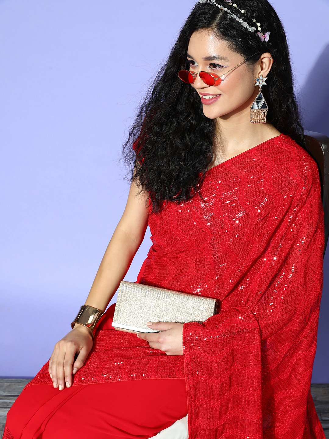 

Mitera Embellished Sequinned Pure Georgette Saree, Red