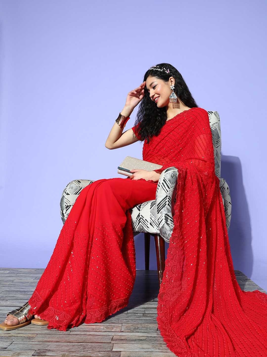 

Mitera Striped Sequinned Pure Georgette Saree, Red