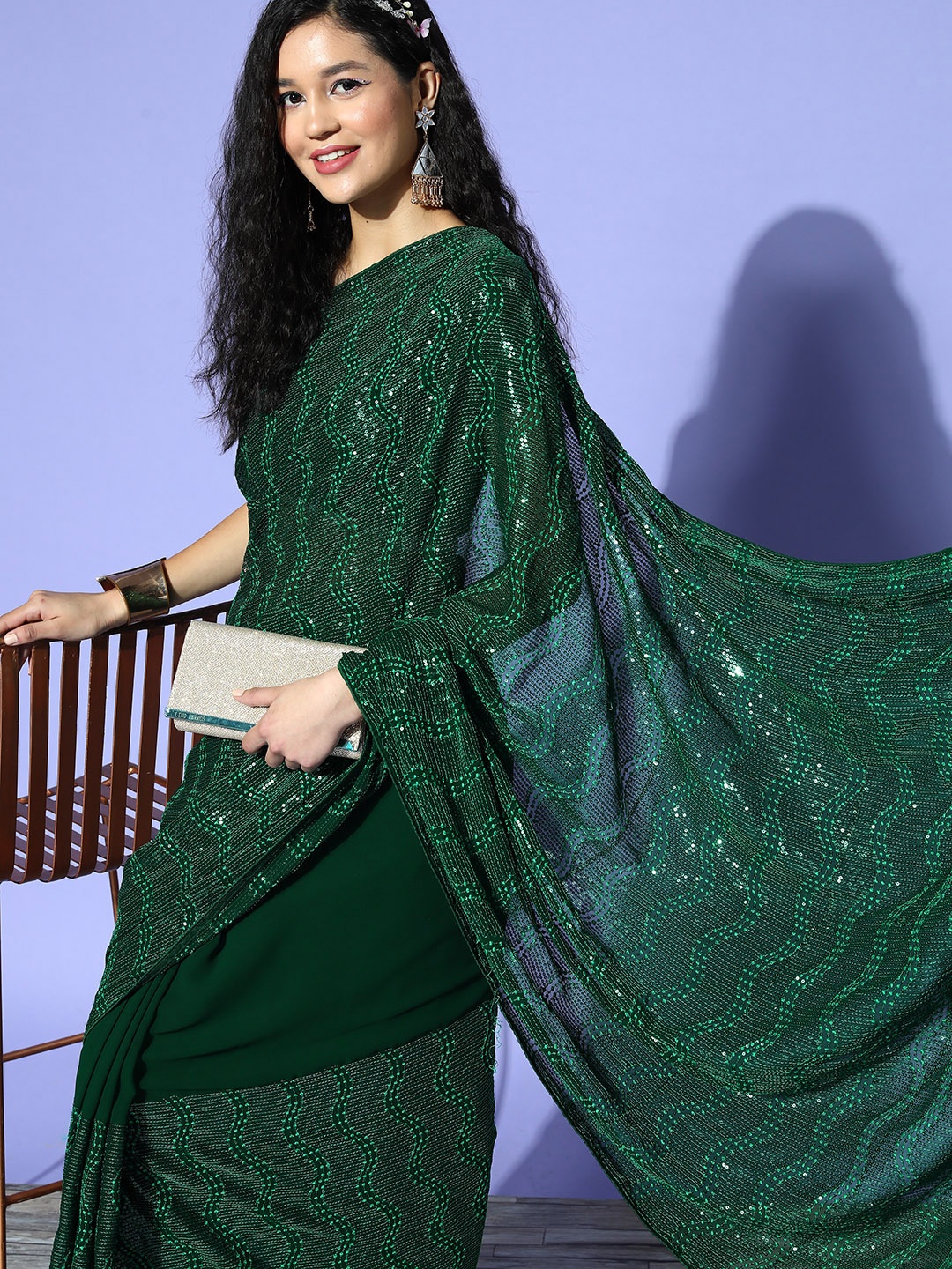 

Mitera Embellished Sequinned Pure Georgette Saree, Green