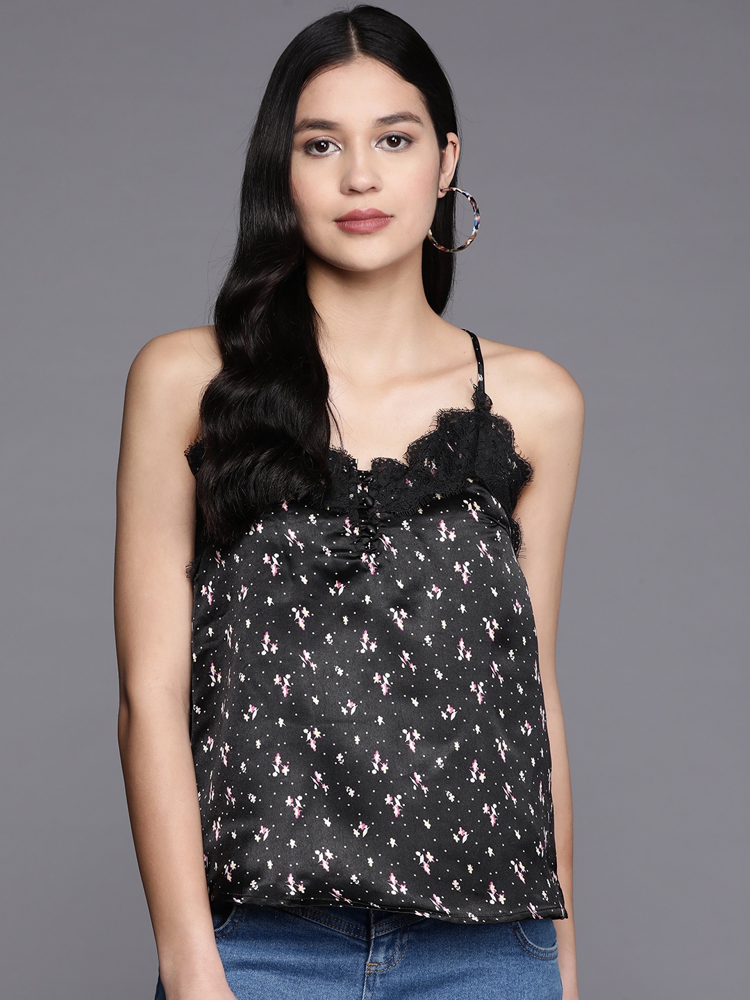 

PINKSKY Floral Print Satin Top With Lace Inserts, Black