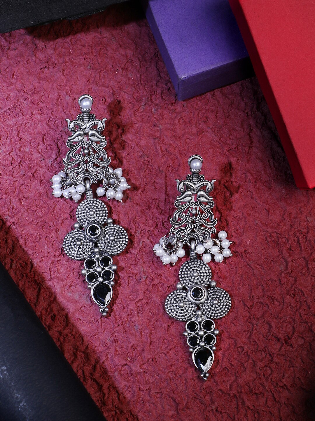 

Adwitiya Collection Silver-Plated Oxidised Classic Drop Earrings, Black