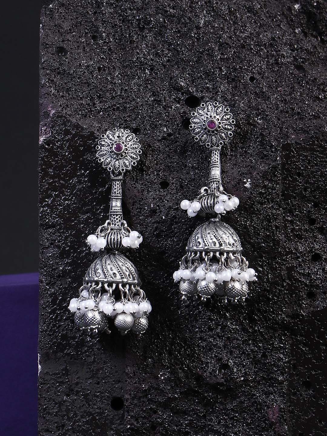 

Adwitiya Collection Silver-Plated Dome Shaped Jhumkas Earrings