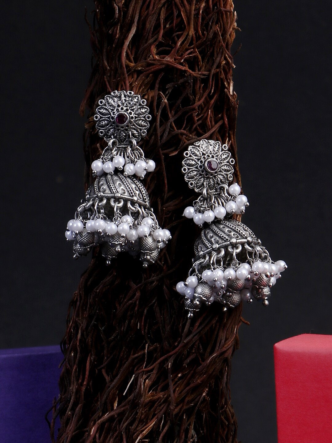 

Adwitiya Collection Silver-Plated Oxidised Classic Jhumkas Earrings, White