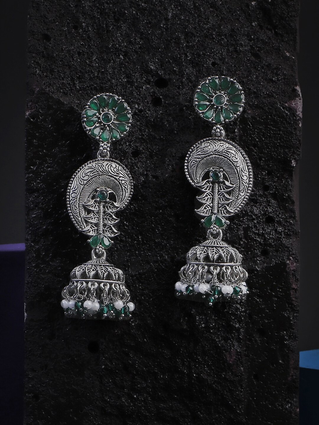

Adwitiya Collection Silver-Plated Oxidised Classic Jhumkas Earrings, Green