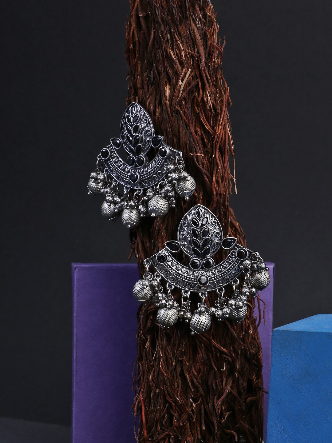 

Adwitiya Collection Silver-Plated Oxidised Classic Drop Earrings, Black