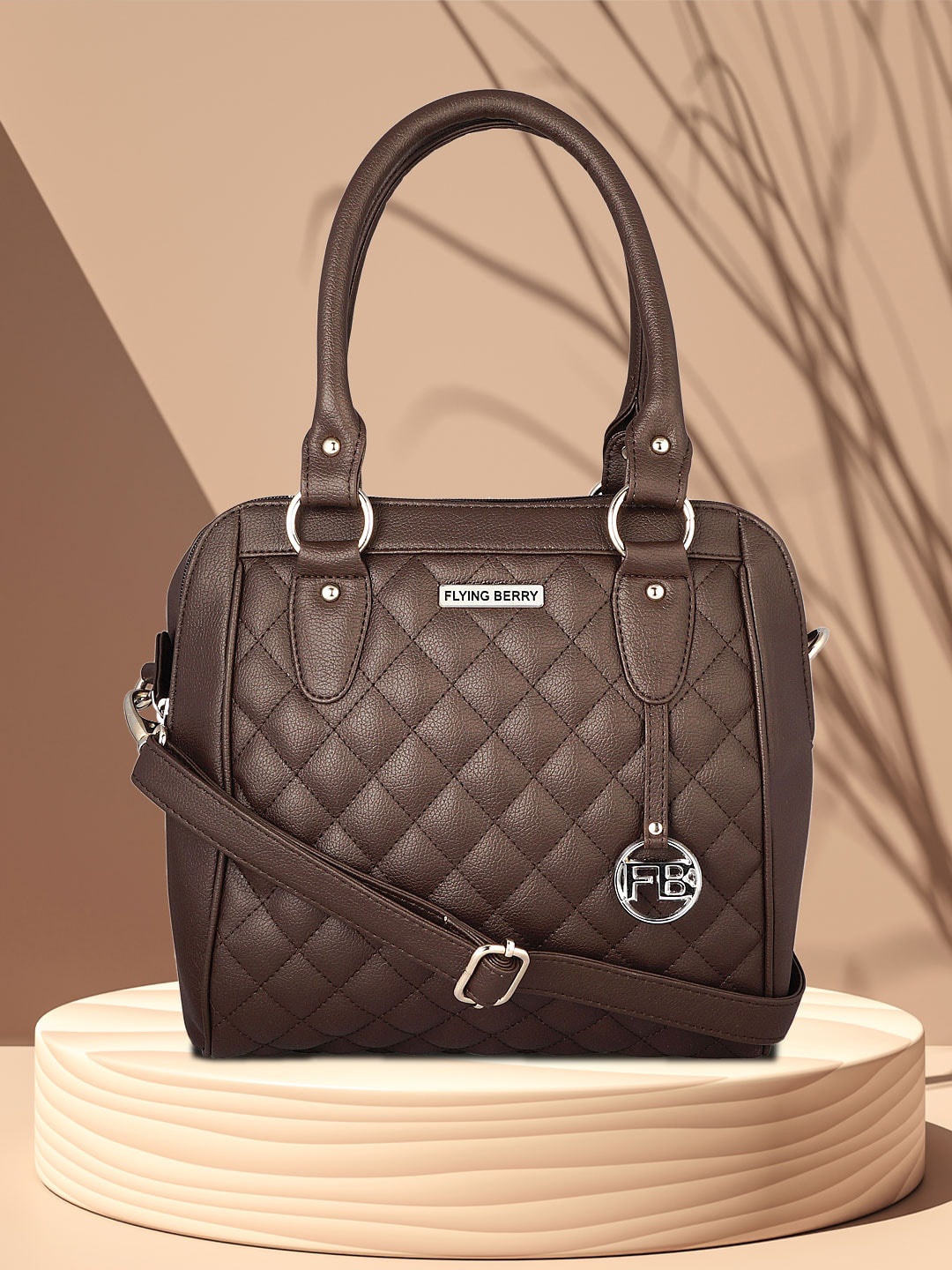 

FLYING BERRY Textured Structured PU Satchel with Quilted, Brown