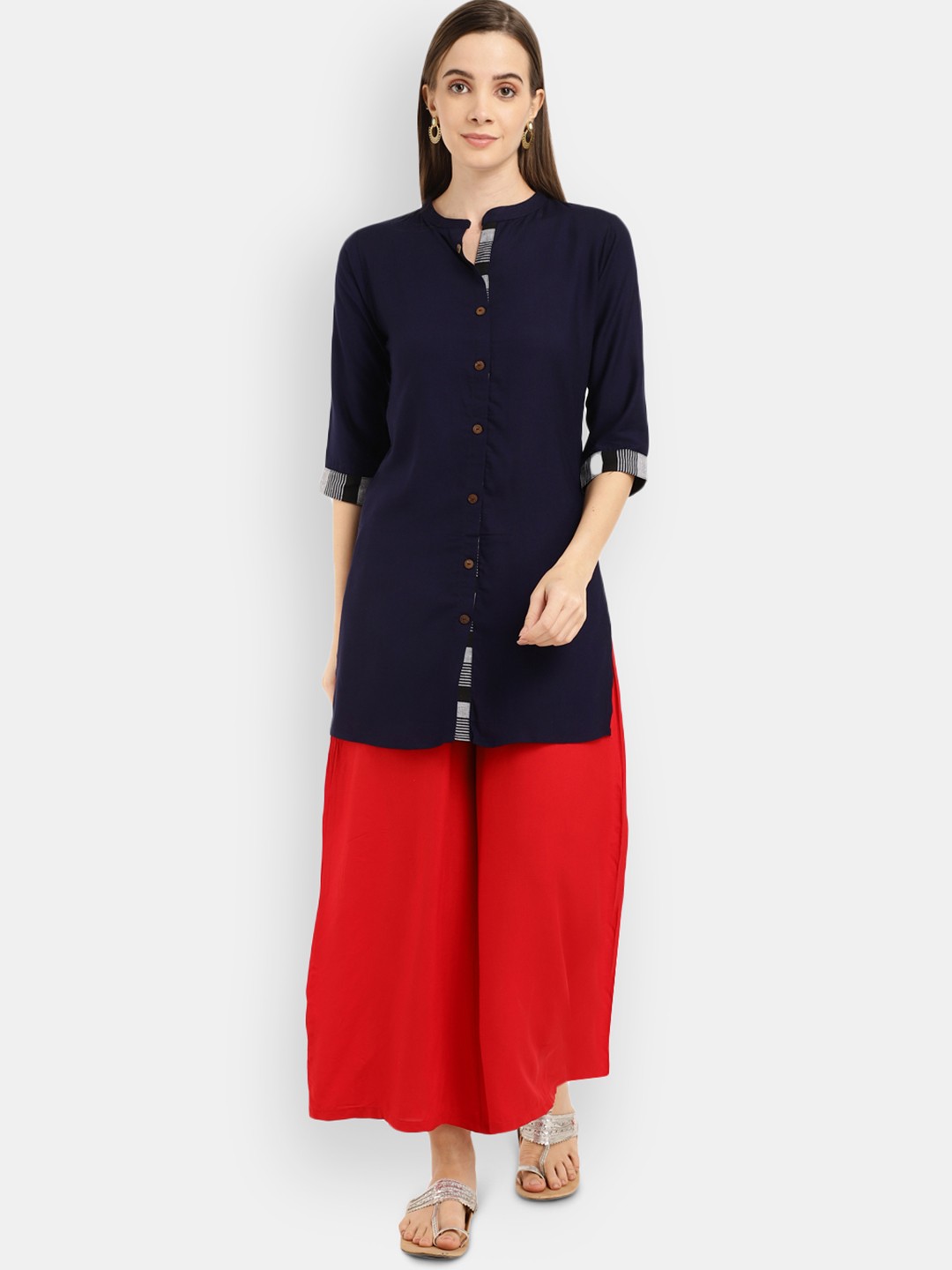 

V-Mart Mandarin Collar Longline Top, Navy blue