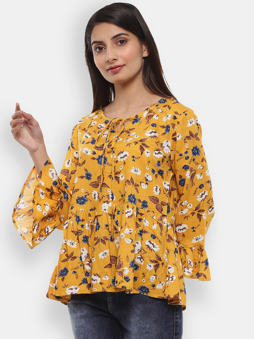

V-Mart Floral Print Tie-Up Neck Top, Mustard
