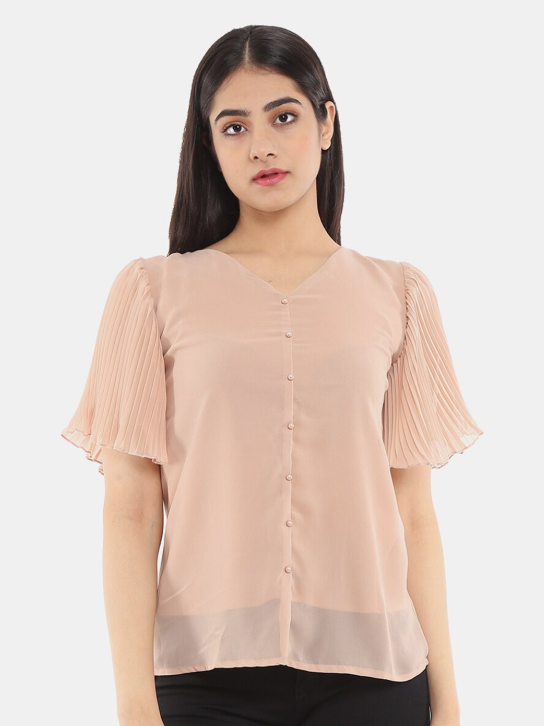 

V-Mart V-Neck Flared Sleeve Top, Beige