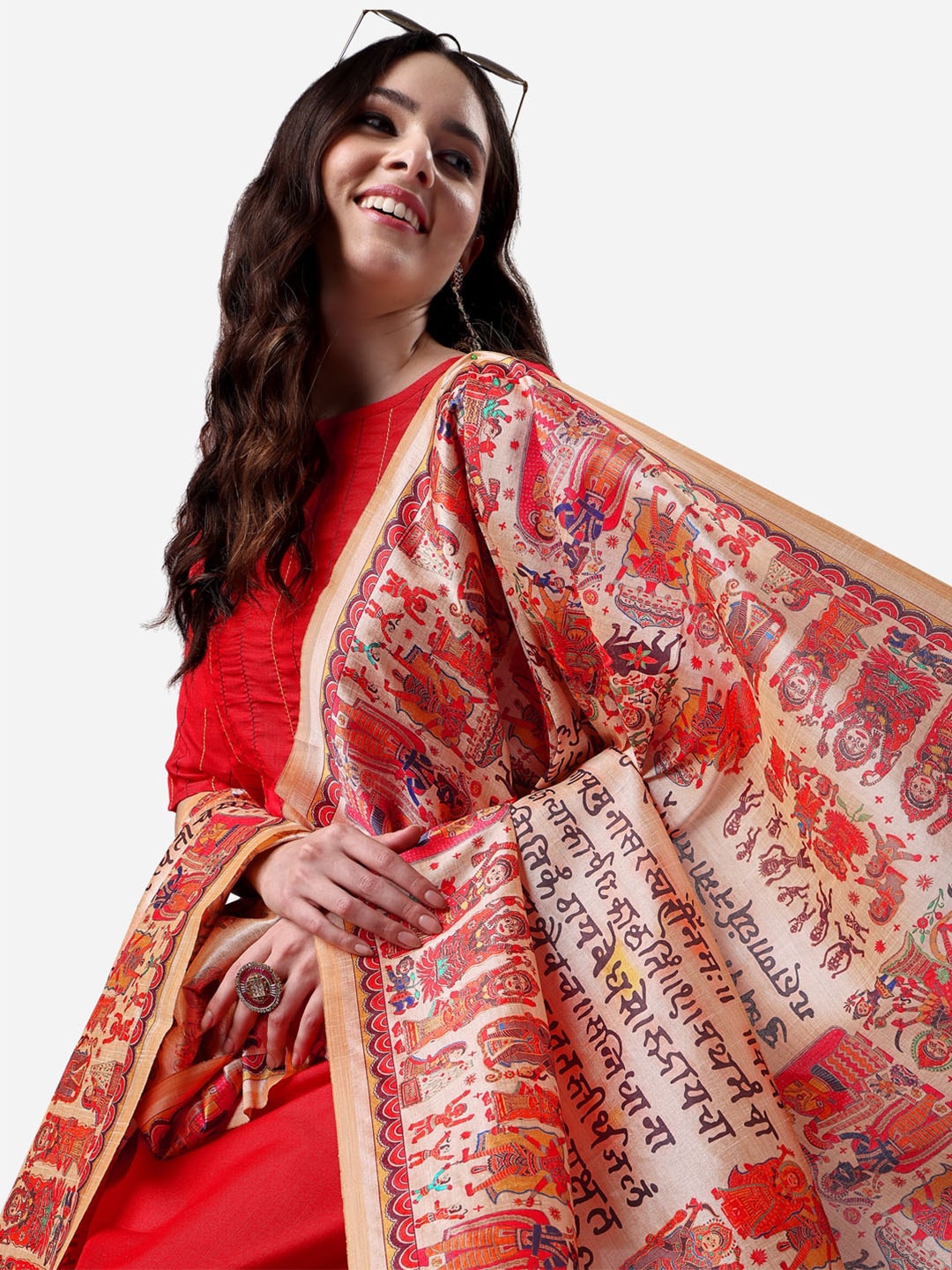 

KALINI Women Striped Kurta with Trousers with Digital Print Dupatta, Red