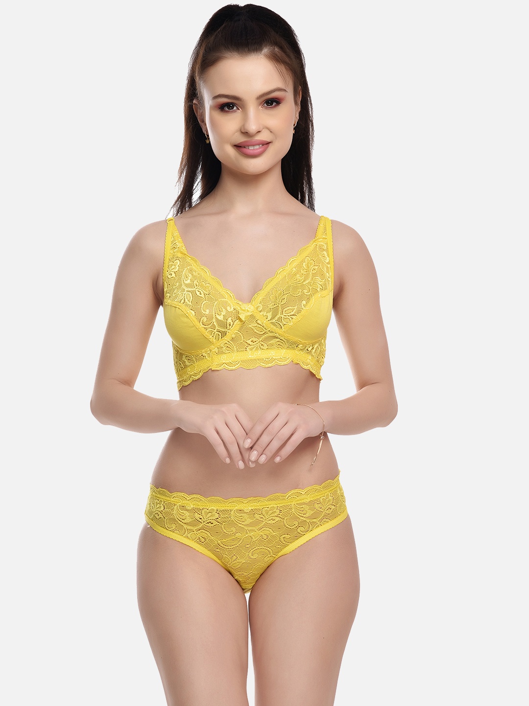 

FIMS Woman Cotton Lace Non-Padded Bra Panty Lingerie Set, Yellow
