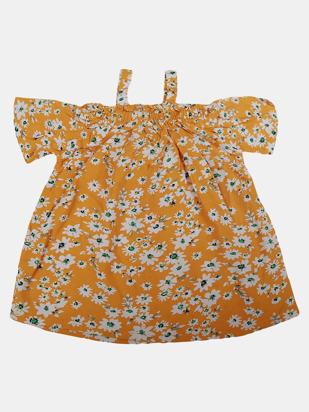 

V-Mart Mustard Floral Printed Cold-Shoulder Sleeves A-Line Top