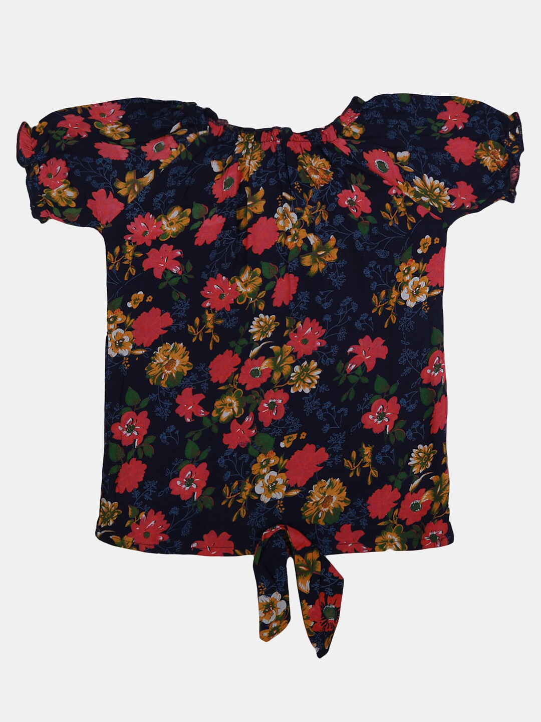 

V-Mart Floral Print Puff Sleeves Blouson Cotton Top, Navy blue