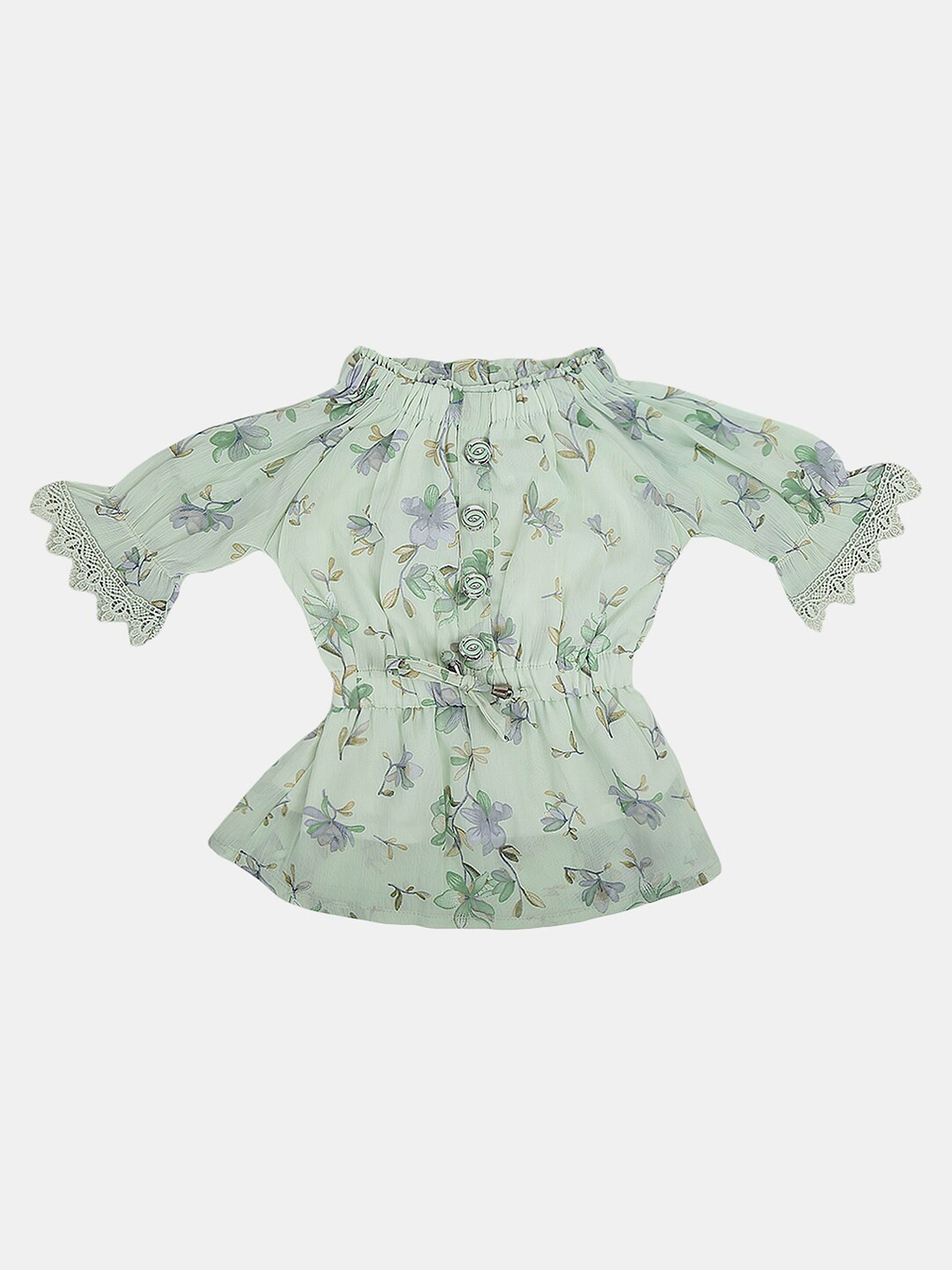 

V-Mart Floral Print Bell Sleeves Cinched Waist Cotton Top, Green