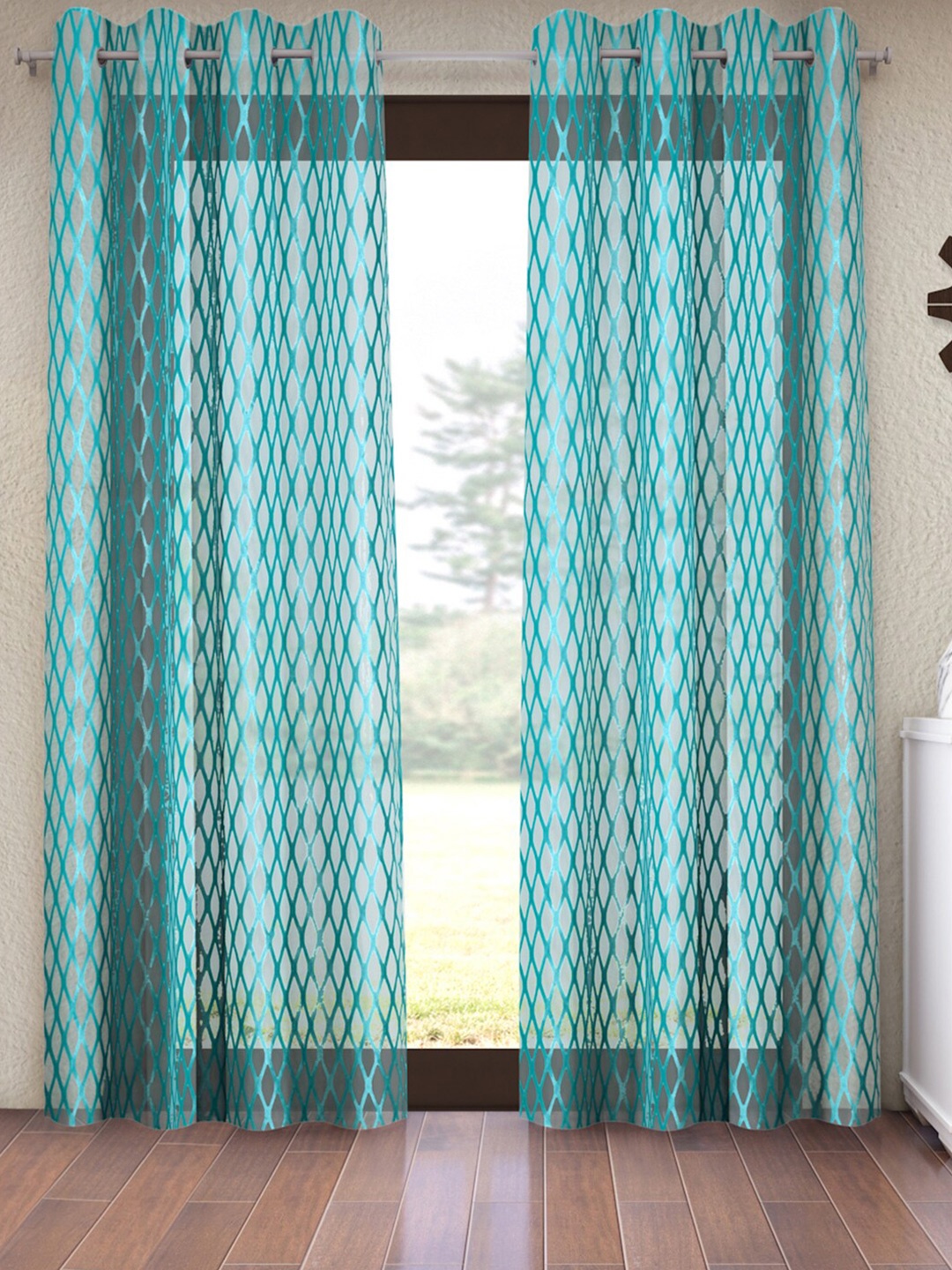 

Home Sizzler Premium Diamond Turquoise Blue & White Set of 2 Geometric Sheer Door Curtain