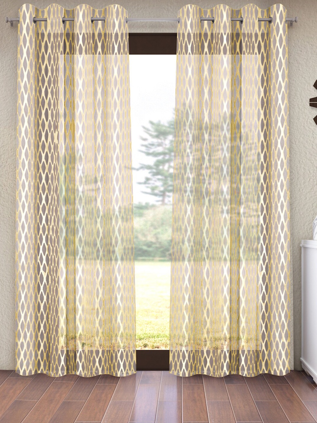 

Home Sizzler Cream Set of 2 Geometric Sheer Door Curtain