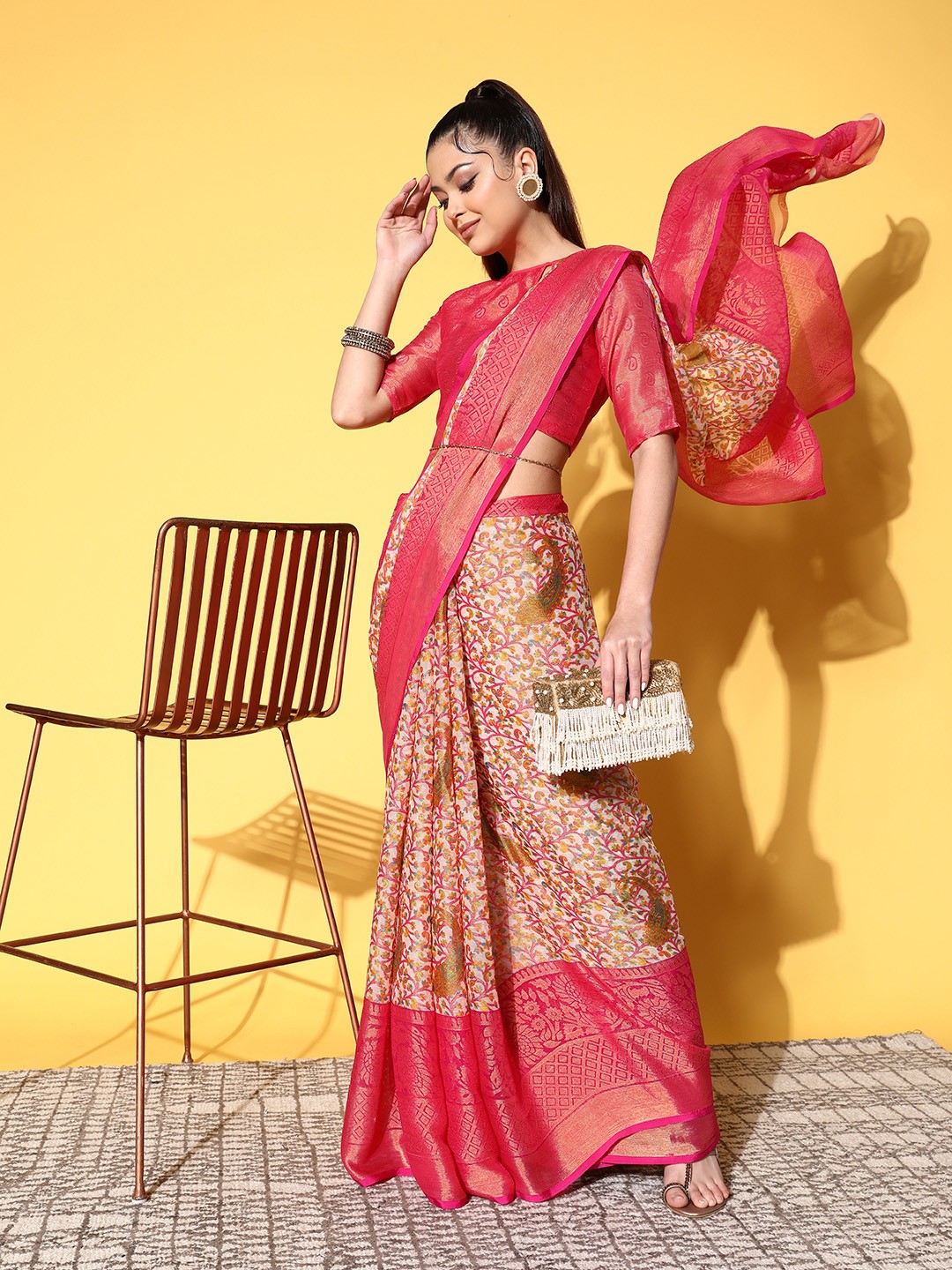 

Mitera Pink & Yellow Floral Phulkari Brasso Block Print Saree