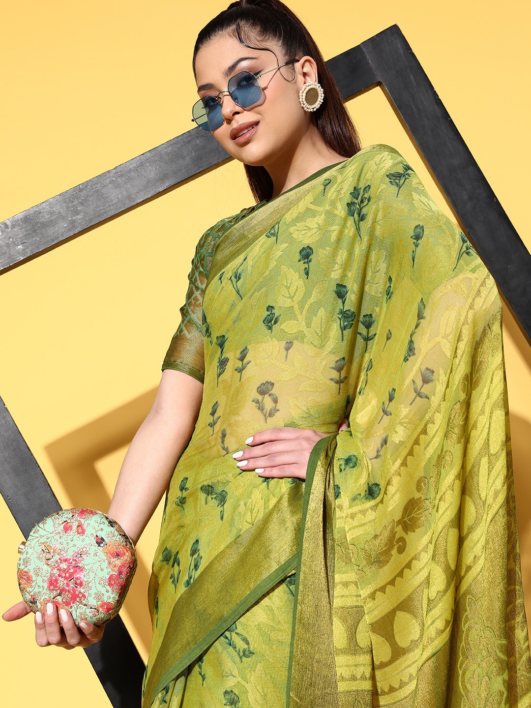 

Mitera Green Floral Phulkari Brasso Block Print Saree