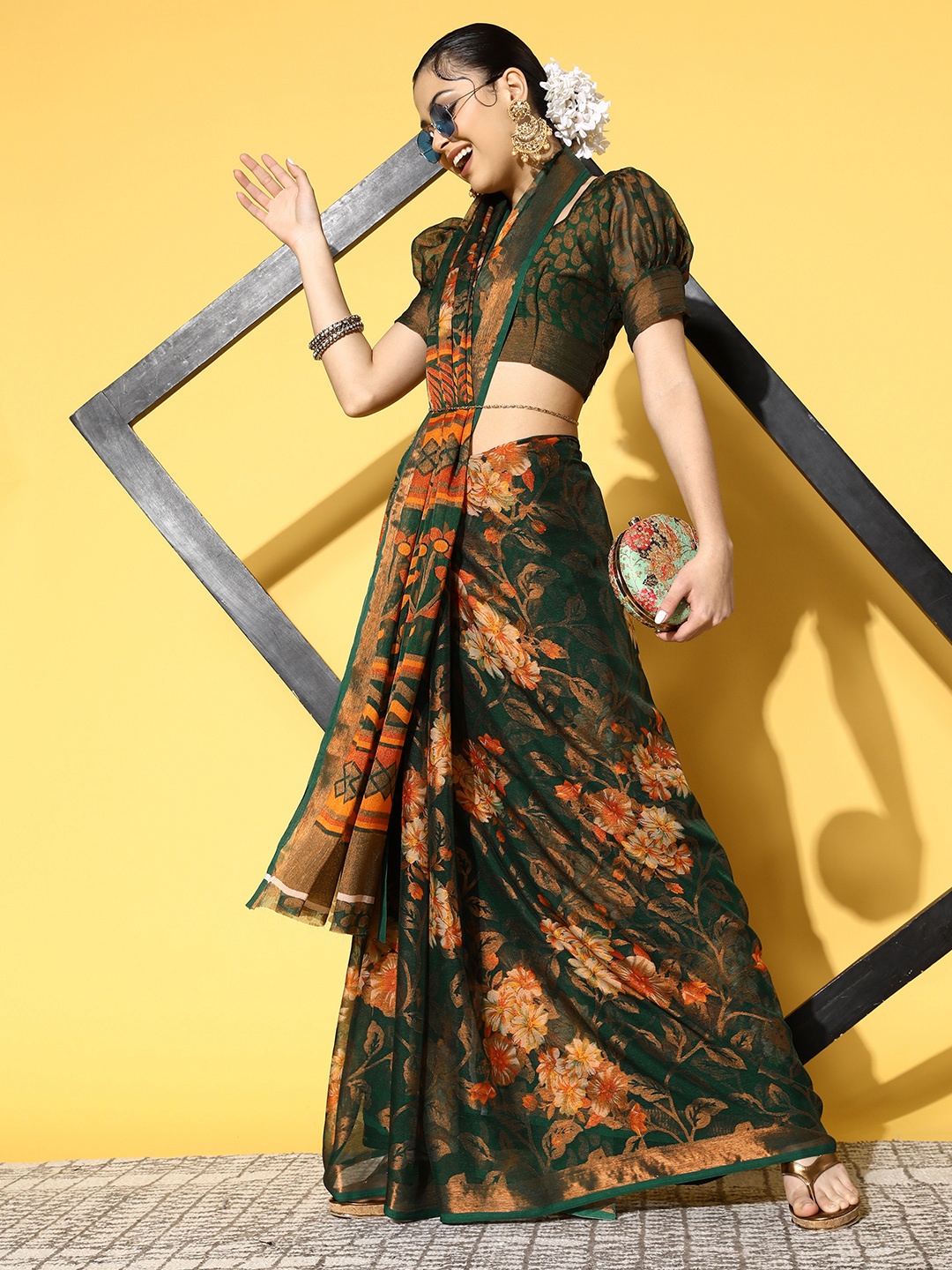 

Mitera Floral Brasso Block Print Saree, Green
