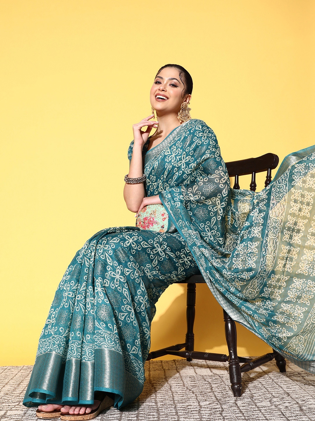 

Mitera Ethnic Motifs Zari Block Print Saree, Blue